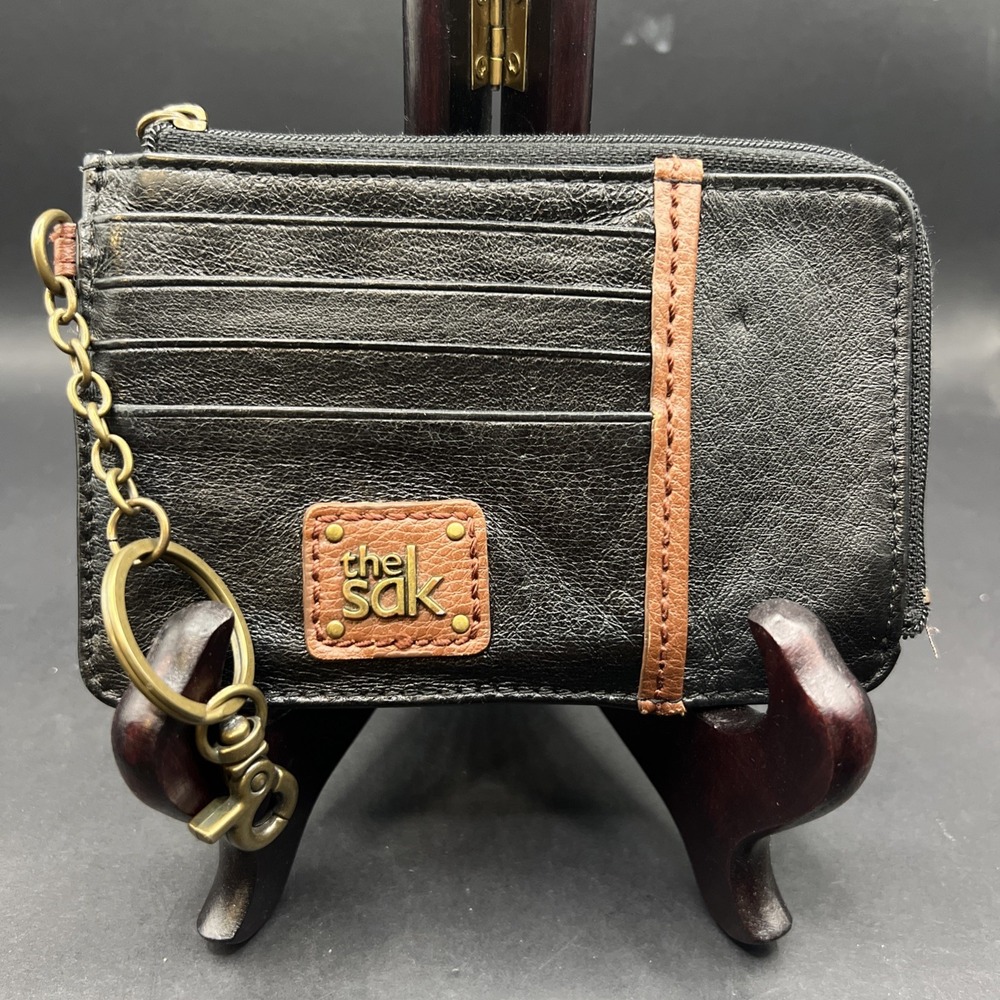 The Sak Iris Leather Card Wallet Black Zip Pouch Keychain ID Window Slim Case